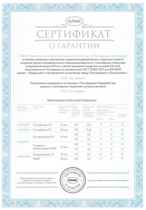 Сертификат о гарантии сроков сохранения свойств покрытия проката холоднокатаного горячеоцинкованного Сертификат о гарантии сроков сохранения свойств покрытия проката холоднокатаного горячеоцинкованного